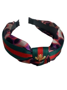 Striped Green and Red Knotted Headband with Floral Accent